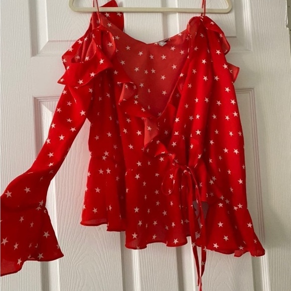 ASOS Ruffled Long Sleeve Blouse Red Star Pattern - Picture 2 of 6